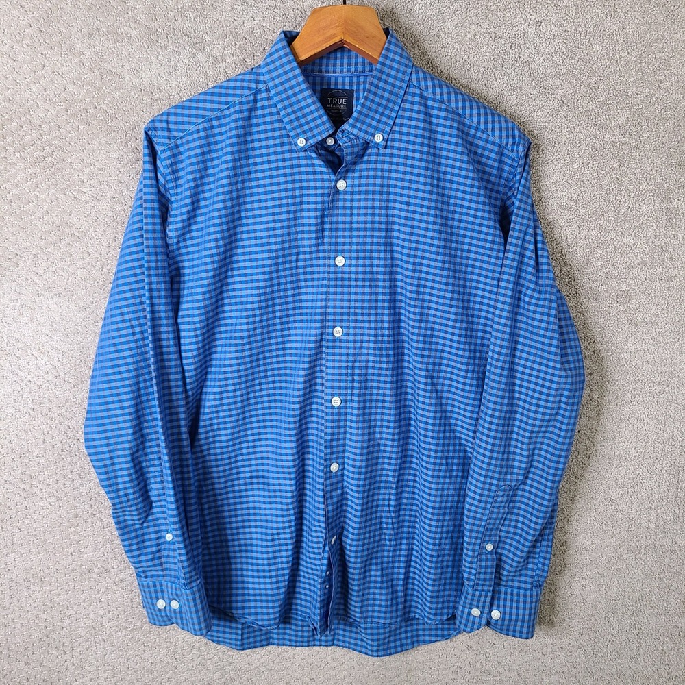 True Measure Shirt Mens Medium Blue Gingham Plaid‎ Button Down Long Sleeve
